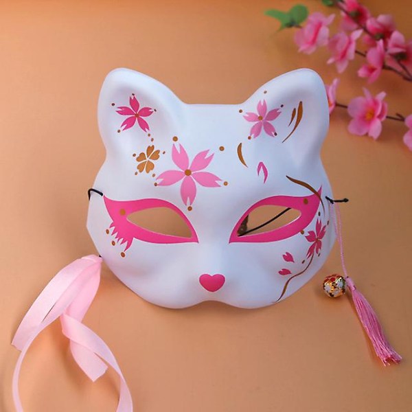 Lycklig-rosa Cherry Blossoms Fox Masks Anime Cosplay Japansk halvansikte Kattmask Maskerad Festival Kabuki Kitsune Masker Fest Propsa