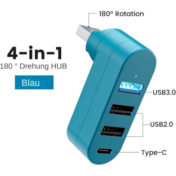Usb C Hub Multiport Adapter, 4-Port [90°/180° Graders Rotationsbar], Med 1 Usb C Port (Blå)