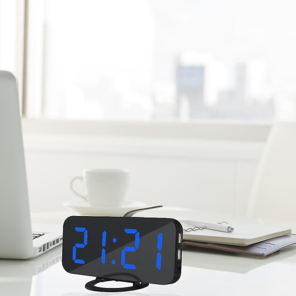 Digitaalinen herätyskello pöytäpeilipintainen kello kahdella USB LED-näytöllä toimistokotiin Black and Blue