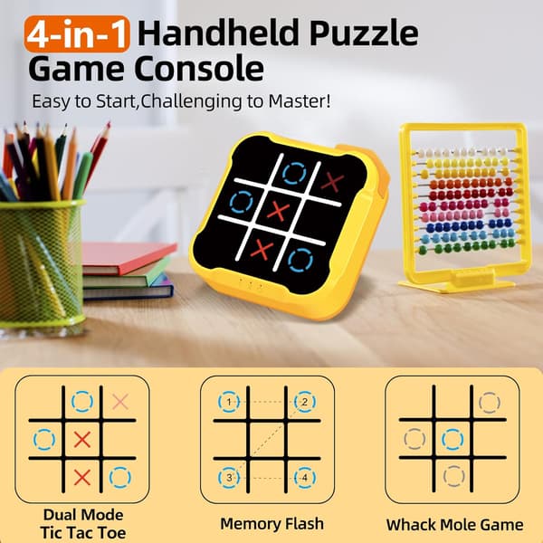 Tic Tac Toe-spill for barn: 4-i-1 bærbart sensorisk puslespill (gul) Yellow