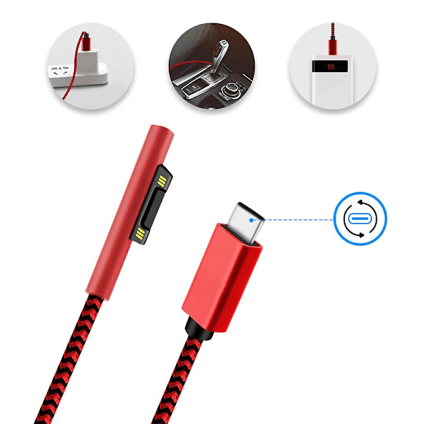 Typ C-anslutningsladdningskabel för Microsoft Surface Pro 7/6/5/4/3 15v 3a Red