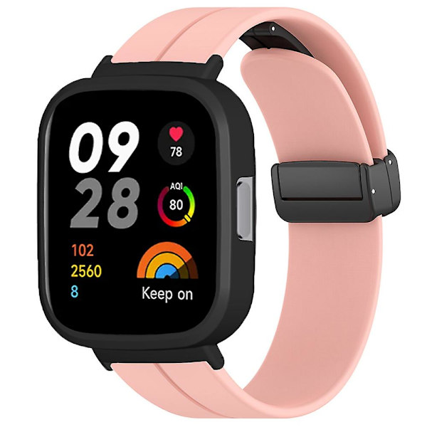 Svart magnetiskt spänne silikon handledsrem för Xiaomi Redmi Watch 3 klockarmband med klockfodral Pink