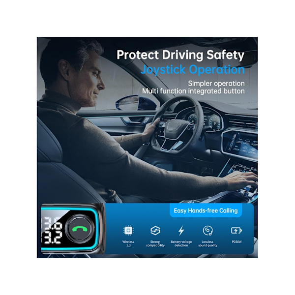 Bluetooth 5.3 Autoadapteri 42W, Handsfree, Syvä Basso, Nopea Lataus (Musta) (Pd30W & 12W)