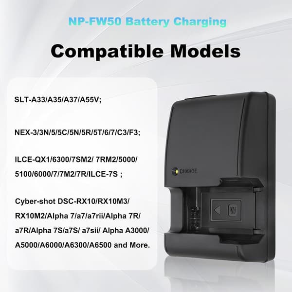 Batterilader for BC-VW1 NP-FW50, kompatibel med Sony A5000 A5100 A6000 A6300