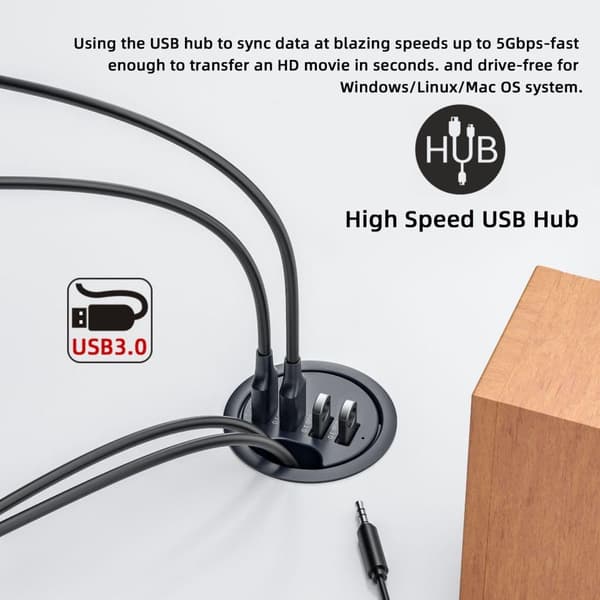 USB 3.0 Flush Mount Desktop HUB, kabelgennemføringshul 60 mm (2,36\") 2 USB 3.0