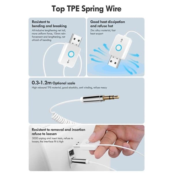 Receptor Bluetooth-adapter USB 3,5 mm Jack Stereo Audio til bil Aux Bluetooth 5.0