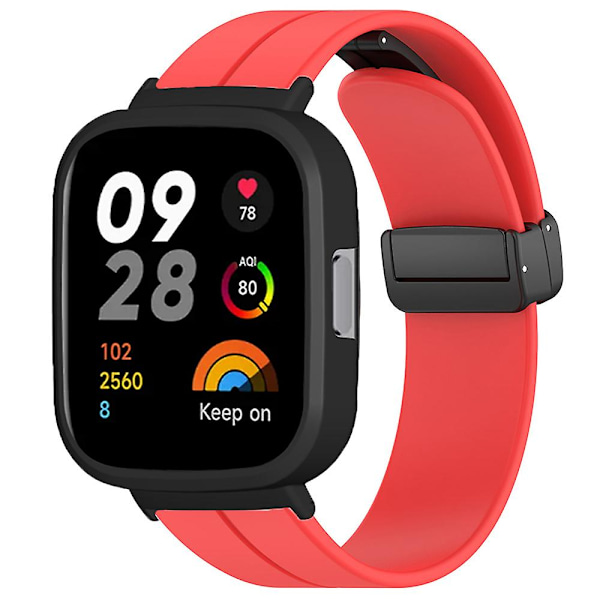 Svart magnetiskt spänne silikon handledsrem för Xiaomi Redmi Watch 3 klockarmband med klockfodral Red