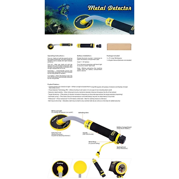 PI-iking 750 metalldetektor 30M undervattensmetalldetektor Pinpointer Pulse Induction Technology (PI)