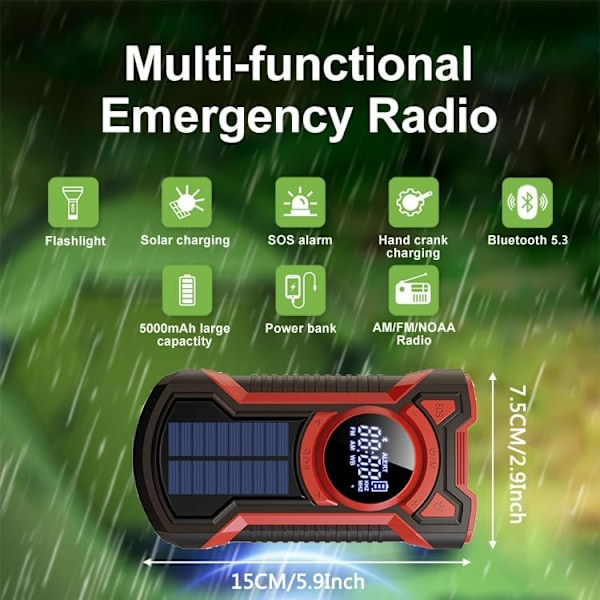 Aurinkoradio, hätäveivattava 5000 mAh, AM/FM/NOAA-säävaroitukset - Punainen