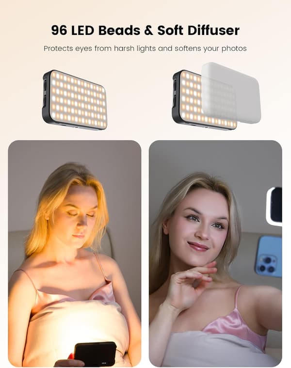 Selfie-lys 96 LED med myk diffuser og innebygd stativ, oppladbart klipsfylllys