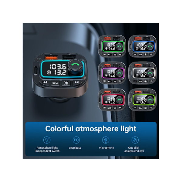 PD30W & 12W Bluetooth 5.3 Biladapter, Håndfri, Dyb Bas, Hurtig Opladning (Sort)