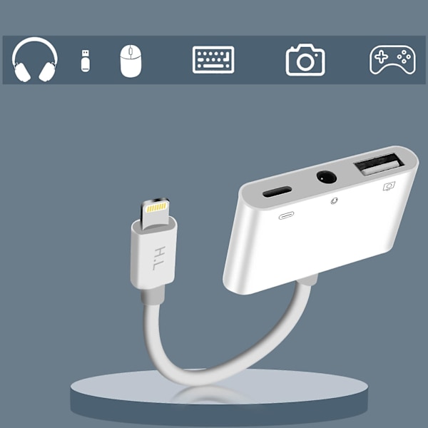 Lightning ladeadapter for iPhone/iPad Lightning til USB og 3,5 mm jack - hvit