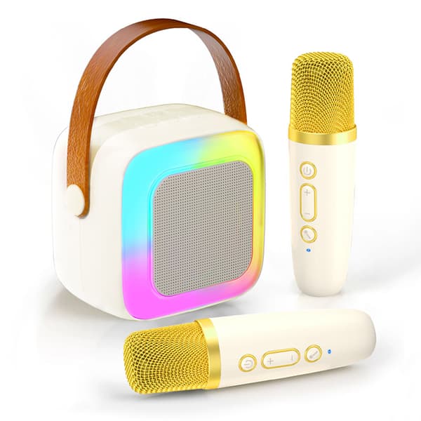 Bluetooth-karaokekaiutin, 2 langattomalla mikrofonilla ja RGB-valolla (luonnonvalkoinen)