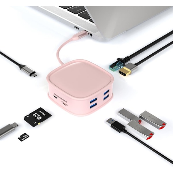 Usb C Hub Multiport Adapter, 10-i-1 med 4K Hdmi Rj45 Ethernet Usb3.0 100W Pd (Rosa)