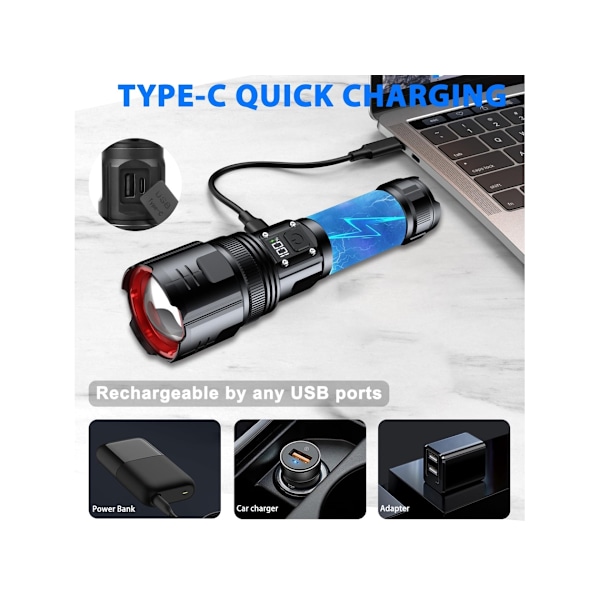 Superstarka LED-ficklampor 200 000 Lumen Uppladdningsbara Ficklampor Med Digital Effektvisning Zoombar Taktisk Ficklampa 5 Lägen För Camping