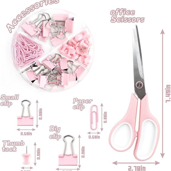 Rosa stiftemaskin og teipdispenser sett med stiftemaskin, teipdispenser, stiftfjerner, stifter, klips