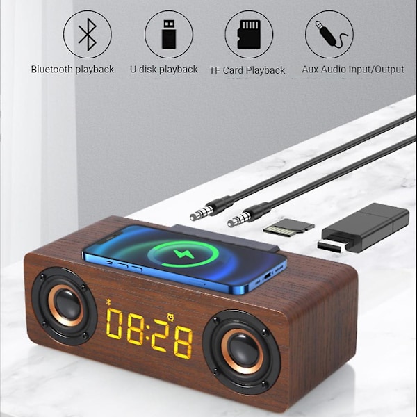 Nopea langaton laturi Puinen langaton Bluetooth-kaiutin Herätyskello 3D-stereokaiutin (Ruskea puun syy)