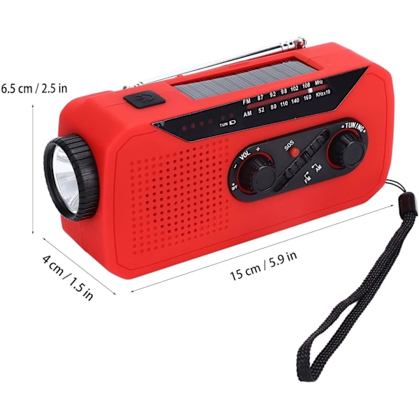 Nødradio med sveiv og lommelykt (Rød)