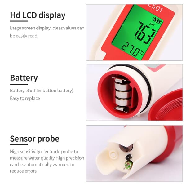 5-i-1 Digital Vannkvalitetstester, TDS/pH/H2/Temp/ORP/Cl Tester, 0,01 Nøyaktighet