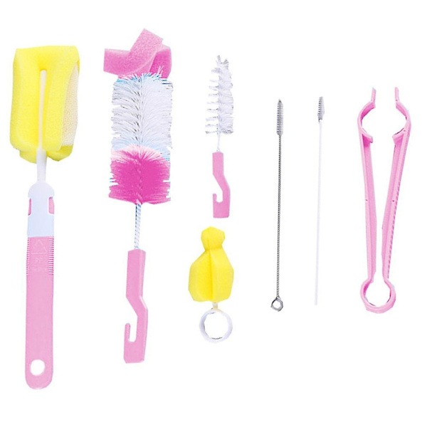 Bottle Brush Cleaner, Set med 7, Silikon lång svampflaskborste Pink