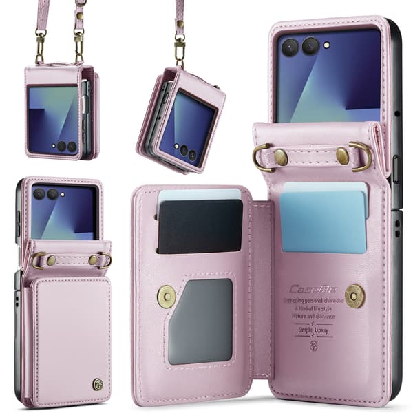 Etui til Samsung Galaxy Z Flip 7, med RFID-blokerende kortholder og remstativ (Pink)