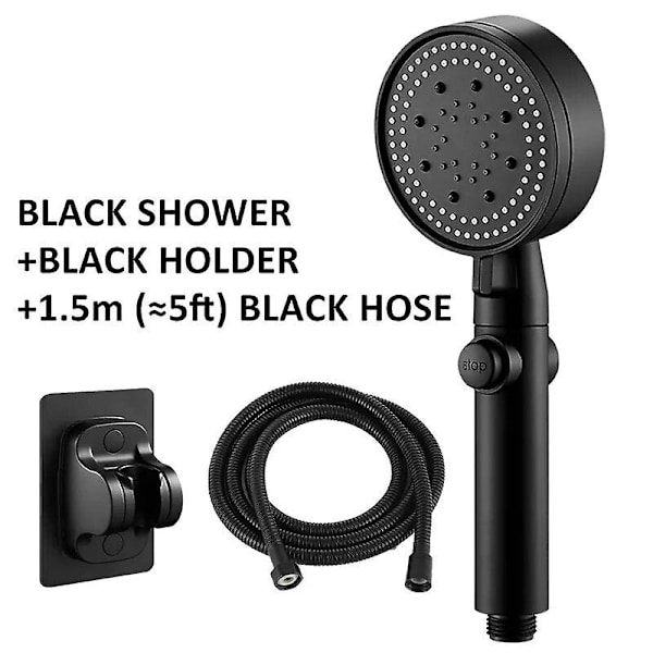 Duschhuvud med 5 lägen justerbart högtrycksvattenbesparande dusch med en knapptryckning vattenmassageduschhuvud för badrumstillbehör Base hose black