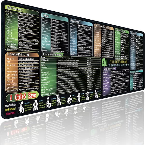 Musematte - Med Excel Jukselapp, Vanntett og Sklisikker Skrivebordsmatte Ideell (300*800*3Mm)