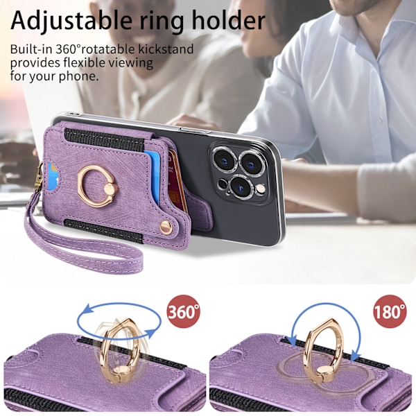 Rfid Anti-tyveri kortholder, Retro ensfarget mobiltelefon kortholder, Pu-lommebok med armbånd og ringsløyfe Purple