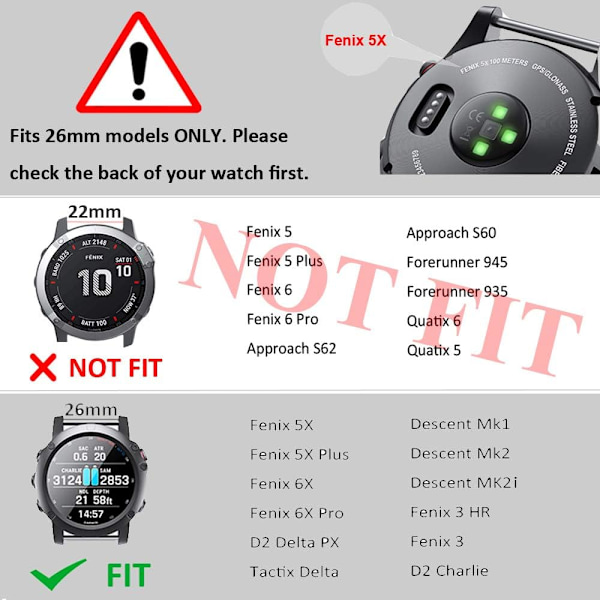 Kompatibel med Fenix 6X/7X Band 26mm Easy-fit blød silikone urrem udskiftning til Fenix 5X/Fenix 5X Plus/Fenix 3 Smartwatches (sort) Slate