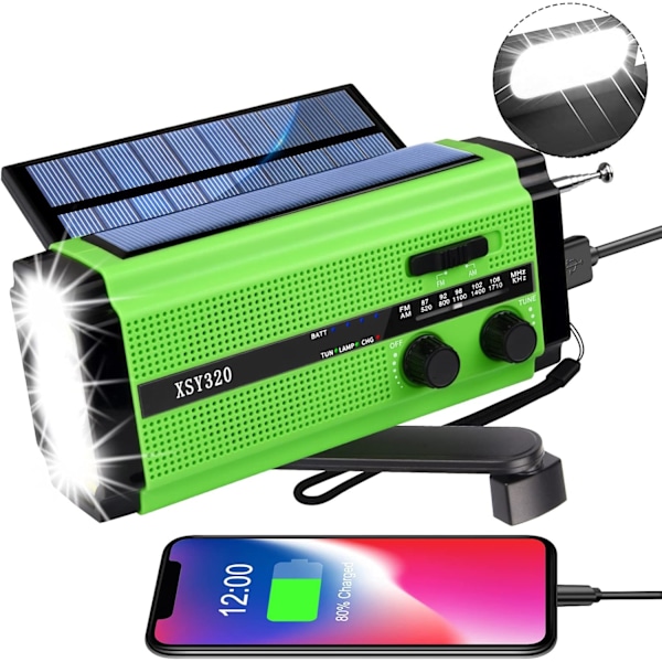 Solcellsdriven handvevsradio utomhus LED-ficklampa AM/FM-radio 5000mAh batteri (grön)