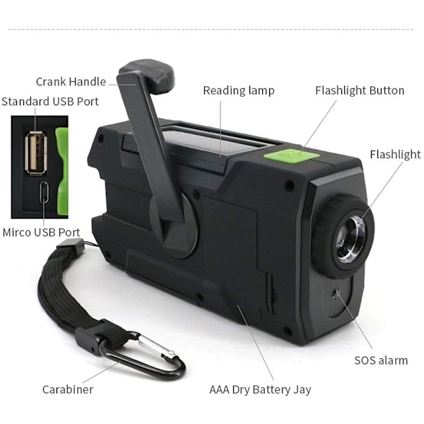 Nödradio med solceller, 2000mAh, handvev, FM-radio och LED-lampa (grön)