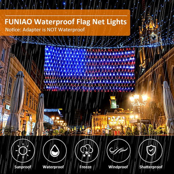 (Uppgraderad) 2-i-1 Plug-in & Solcellsdriven Amerikansk Flagga Ljusslinga, 420 LED Flagg-nätljus, Vattentäta Patriotiska Ljus för Memorial Day, 4 juli