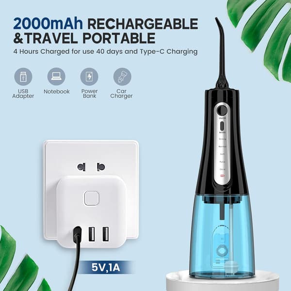 Oral Irrigator - 350 ml med 6 dyser og 5 tryktilstande, 2000 mAh, sort