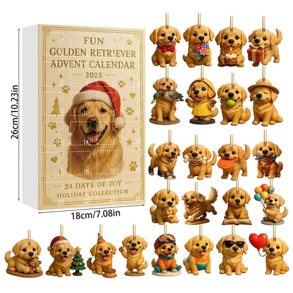 Julekalender 2D Golden Retriever Akryl Vedhæng, 24 Dages Nedtælling