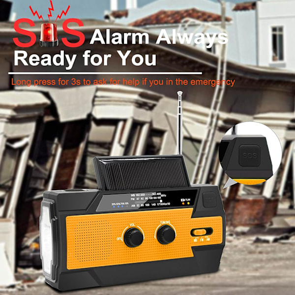 Nödradio med handvev, solceller, AM/FM-väderradio 4000mAh (orange)