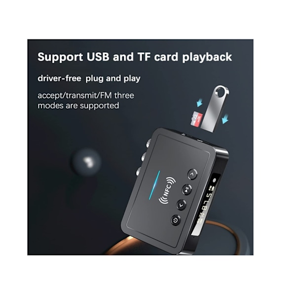 Bluetooth 5.0 Audio Adapter, M6 NFC Bluetooth Transmitter Receiver FM Transmitter 3 i 1, Trådløs Audio Receiver,