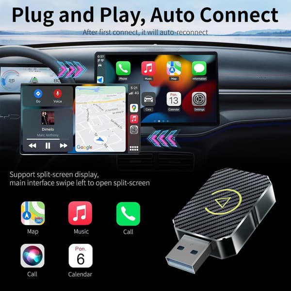 Carplay-adapter, trådløs for Carplay og Android Auto, plug and play