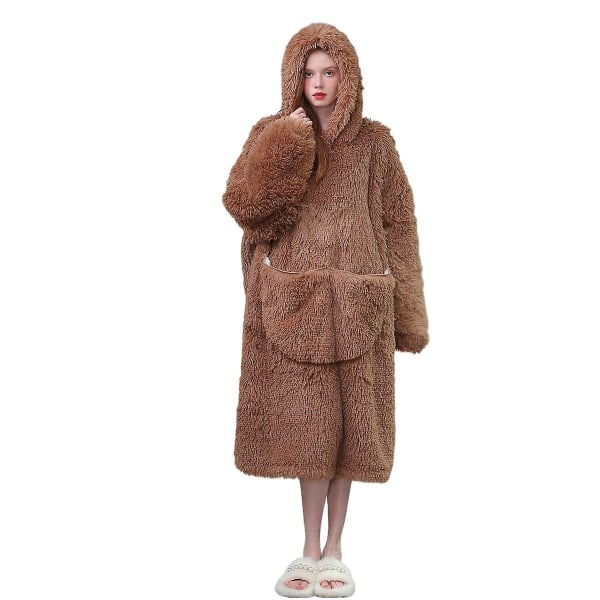 Pullover Hooded Plys Lazy Clothes Tykket varmt hjemmetøj Brown