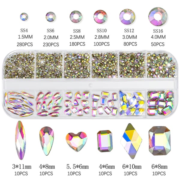 Nail Art Rhinestone, 3D Crystal Flatback Gem, Flera Former Storlekar White AB