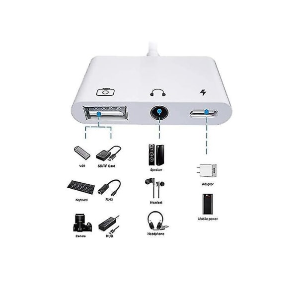Lightning till USB 3 kameraadapter, 3 i 1 USB hona Otg-adapter med 3,5 mm hörlursuttag + kompatibel laddningsdelare