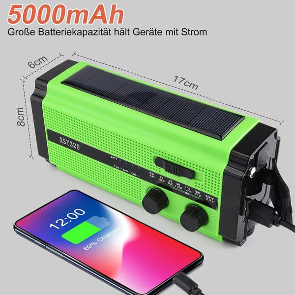 Hätäveivattava aurinkoradio 5000 mAh, 5 virtalähdetilaa (harmaa ja musta)