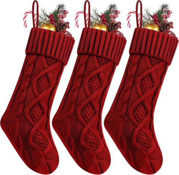 Julstrumpa 3-pack, 18 tum stor kabelstickad strumpa (röd) Red 3 Pcs