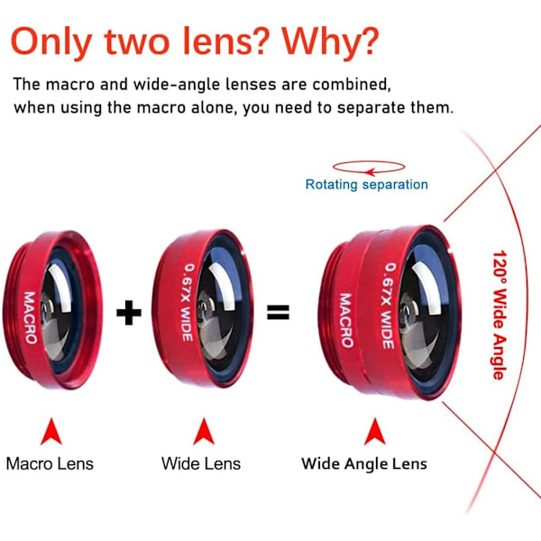 3 i 1 Mobiltelefon Kamera Linse Kit Vidvinkel Makro Fisheye Linse Til Smartphones Iphone Android Rød