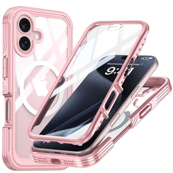 Etui til iPhone 16E, 360° helkroppsbeskyttelse - Kompatibel med MagSafe (rosa)