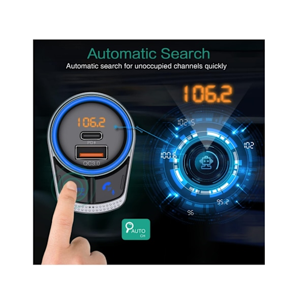 Bluetooth 5.1 Bil FM Transmitter 24W PD & 18W QC3.0 Opladningsport Håndfri Opkald Bluetooth Afspilning Sort