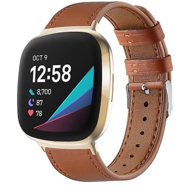 Til Fitbit Versa 4 / Sense 2 Round Tail ægte læderurrem VST Brown