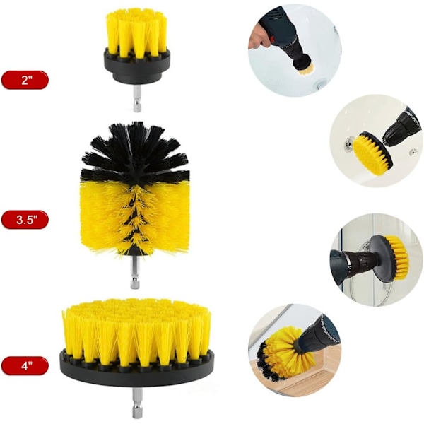 Elektrisk plastrengöringsborr nylonborste 3-pack, 2'/3,5'/4' (Gul)