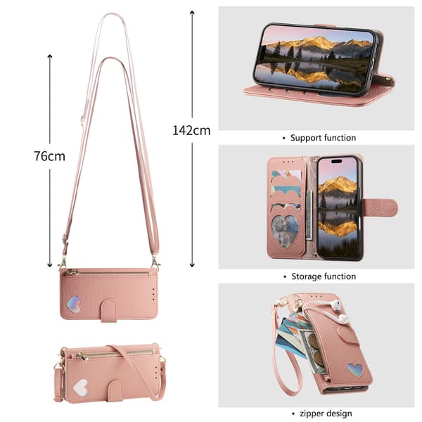 Etui til Samsung Galaxy S26 Plus, Cross Shoulder Flip Wallet, Hjerte Design Pink