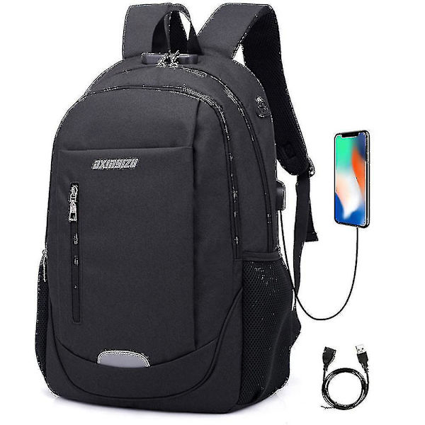 Student Skoleveske Usb Lading Reiseveske Datamaskin Ryggsekk black