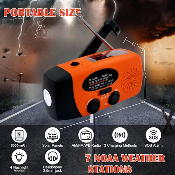 AM/FM/NOAA Vær Radio med Håndsveiv for Nødsituasjoner 2000mAh
